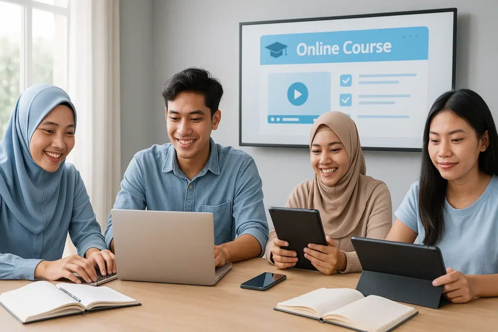 Sekelompok mahasiswa Indonesia mengikuti kursus online bersama, menggunakan laptop dan tablet, dalam ruang kelas modern.