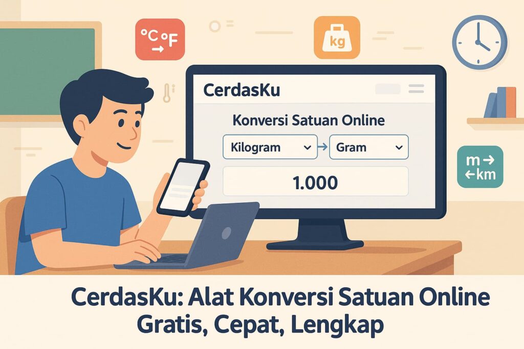An explainer video showing a sleek, modern educational website interface labeled 'CerdasKu - Konversi Satuan Online'. The scene showcases a student using a laptop and phone to convert metric units like kilograms to grams, Celsius to Fahrenheit, and meters to kilometers. The camera zooms into a clean and colorful UI with dropdown menus and results updating instantly. Background is bright, classroom-themed, with minimal animations showing icons of units and conversion arrows. Soft instrumental music plays as text appears: 'CerdasKu: Alat Konversi Satuan Online Gratis, Cepat, Lengkap.