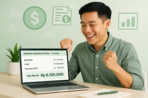 A modern, clean photo of a young professional sitting at a desk, looking relieved and happy while checking their net salary on a laptop screen. The laptop displays a sleek, minimal calculator UI labeled "Kalkulator Gaji Bersih Online – Cerdasku" with clear fields like Gaji Kotor, PTKP, Potongan BPJS, and a large bold result: "Gaji Bersih: Rp 6.120.000". The scene is bright, with green-and-white tones matching Cerdasku's branding. In the soft background, floating icons of money, payslips, and graphs add an educational touch. The overall feel is smart, digital-savvy, and trustworthy — perfect for young adults managing their income.