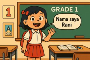 A cheerful Grade 1 student standing and introducing themselves in class, saying "Nama saya Rani" with a smile. Classroom background, cartoon style, educational tone.
