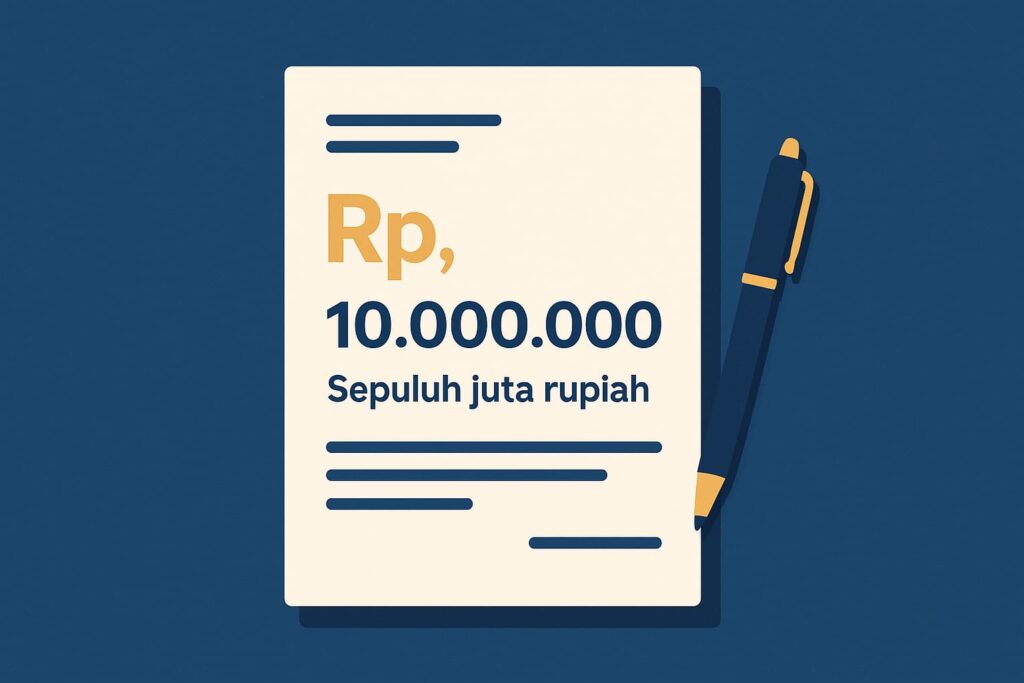 Cara Penulisan Terbilang Rupiah dengan Koma, Ini Ketentuannya Ilustrasi vektor modern, gaya flat design, menampilkan dokumen resmi di atas meja kerja dengan angka dan teks terbilang rupiah, ada simbol mata uang “Rp”, tanda koma yang jelas, serta pena di samping dokumen. Warna dominan biru tua, putih, dan emas, nuansa profesional dan bersih, cocok untuk artikel edukasi keuangan.