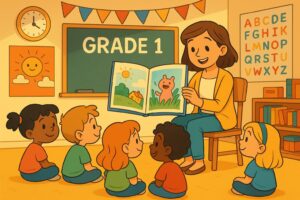 A cheerful Grade 1 classroom with a teacher reading a colorful storybook to children sitting on the floor, while showing large illustrated pages. Warm and bright atmosphere, cartoon style. A cheerful Grade 1 classroom with a teacher reading a colorful storybook to children sitting on the floor, while showing large illustrated pages. Warm and bright atmosphere, cartoon style. A cheerful Grade 1 classroom with a teacher reading a colorful storybook to children sitting on the floor, while showing large illustrated pages. Warm and bright atmosphere, cartoon style.