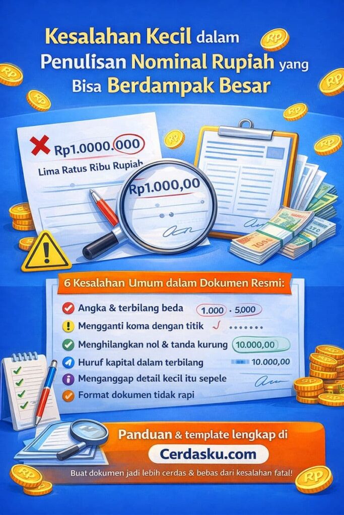 Infografik kesalahan kecil dalam penulisan nominal rupiah pada dokumen resmi yang dapat berdampak besar, disertai ringkasan kesalahan umum dan ajakan ke cerdasku.com.