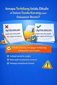Infografik alasan terbilang ditulis dalam tanda kurung pada dokumen resmi untuk menjaga kejelasan dan mencegah manipulasi nominal.
