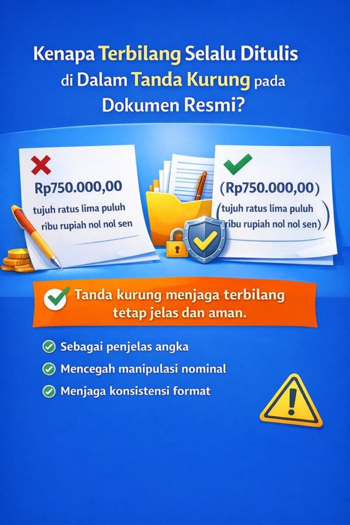 Infografik alasan terbilang ditulis dalam tanda kurung pada dokumen resmi untuk menjaga kejelasan dan mencegah manipulasi nominal.