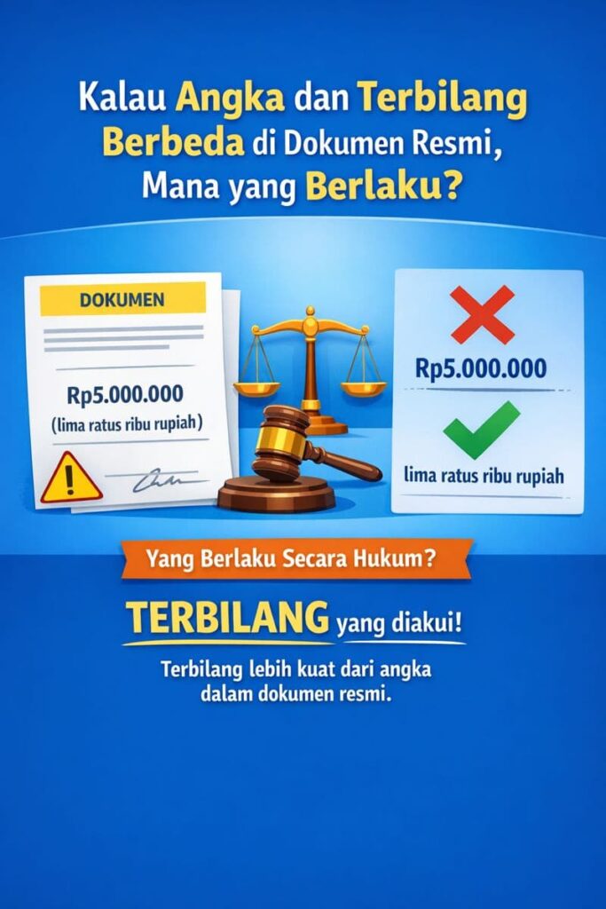 Ilustrasi dokumen resmi dengan perbandingan angka dan terbilang rupiah, menunjukkan bahwa terbilang lebih kuat secara hukum dibanding angka dalam penulisan nominal uang.