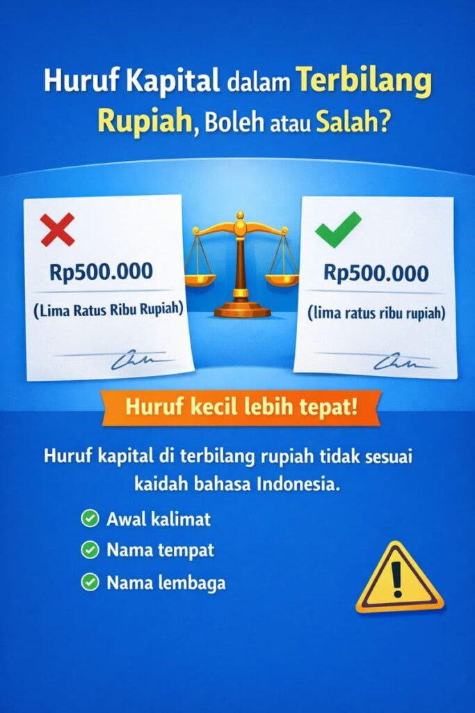 Infografik penggunaan huruf kapital dalam terbilang rupiah, menunjukkan bahwa penulisan huruf kecil lebih tepat dalam dokumen resmi.