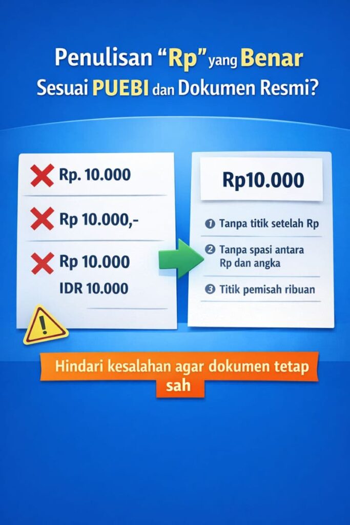 Infografik penulisan Rp yang benar sesuai PUEBI dan dokumen resmi, menampilkan contoh kesalahan dan format rupiah yang tepat.