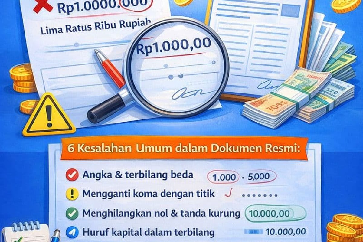 Infografik kesalahan kecil dalam penulisan nominal rupiah pada dokumen resmi yang dapat berdampak besar, disertai ringkasan kesalahan umum dan ajakan ke cerdasku.com.