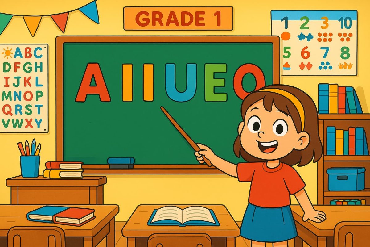 A cheerful, cartoon-style classroom scene with a smiling Grade 1 student pointing at colorful large letters A, I, U, E, O on a chalkboard. The classroom is bright and playful with educational posters and books around. Suitable for an educational blog about early reading.
