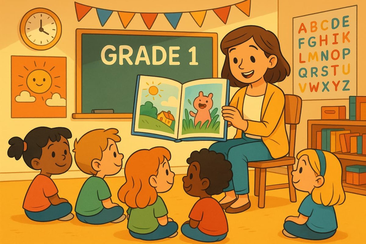 A cheerful Grade 1 classroom with a teacher reading a colorful storybook to children sitting on the floor, while showing large illustrated pages. Warm and bright atmosphere, cartoon style. A cheerful Grade 1 classroom with a teacher reading a colorful storybook to children sitting on the floor, while showing large illustrated pages. Warm and bright atmosphere, cartoon style. A cheerful Grade 1 classroom with a teacher reading a colorful storybook to children sitting on the floor, while showing large illustrated pages. Warm and bright atmosphere, cartoon style.