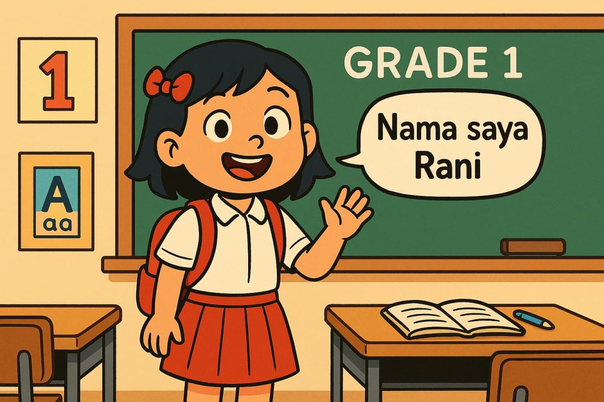 A cheerful Grade 1 student standing and introducing themselves in class, saying "Nama saya Rani" with a smile. Classroom background, cartoon style, educational tone.